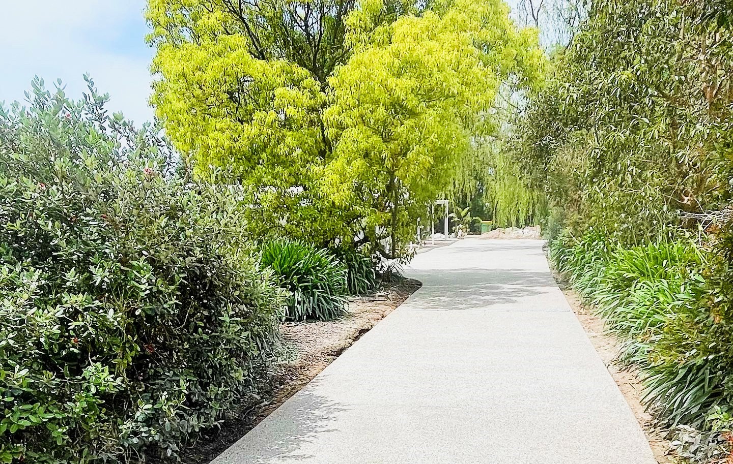 Driveway with an exposed aggregate concrete design.