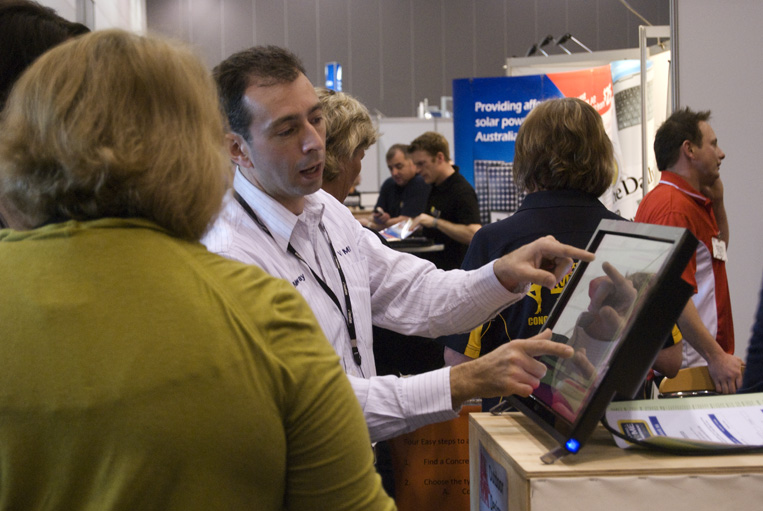 A man showing the latest products and services for building and home improvement. 